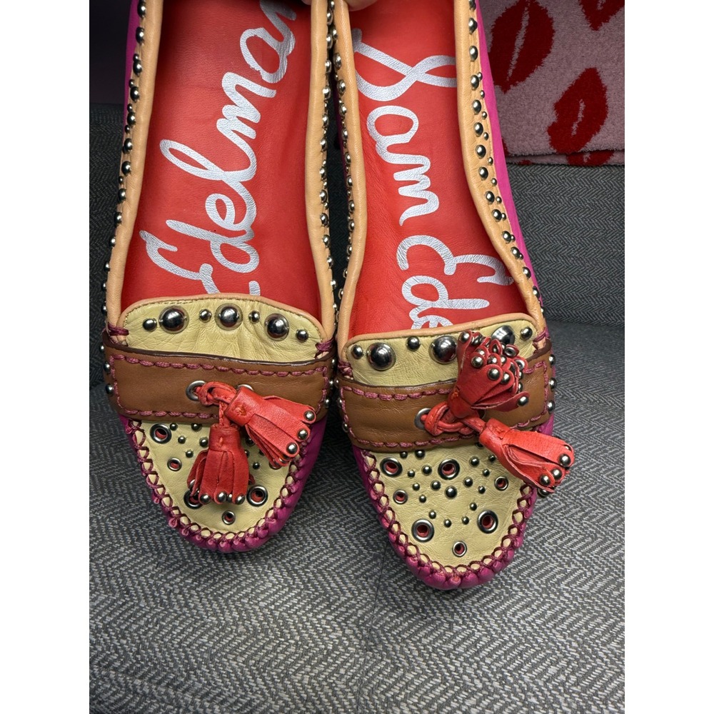 Sam Edelman Aurora Pink Tan Studded Leather Tassel‎ Loafers Moccasins Flats 8.5M - Picture 14 of 14
